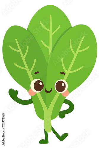 Cute cartoon spinach leaf character, with a happy smiling face, big brown eyes, and rosy cheeks, cheerfully waving hello, on a vibrant green background, perfect for healthy food campaigns and kids' nu