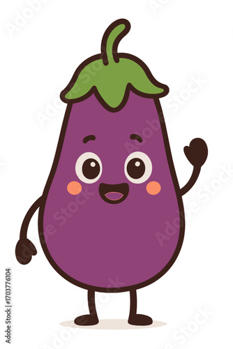 Whimsical cartoon eggplant character illustration with a friendly smile, big expressive eyes, and rosy cheeks, cheerfully waving a hand. This adorable purple aubergine mascot, featuring a vibrant gree