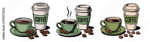 Three coffee cups and coffee beans in a vintage illustration style drink beverage