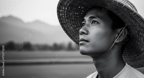 Contemplative Asian farmer in traditional hat looks to the future, cultivating rice field. Ideal for agriculture, heritage, sustainable living, and cultural concepts.