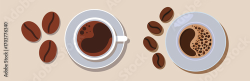 Two cups of coffee and scattered coffee beans on a light background beverage