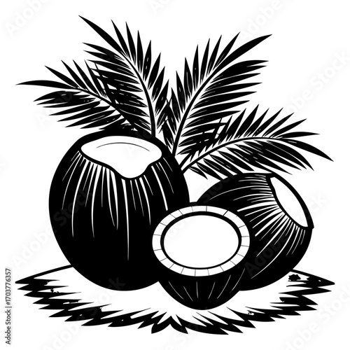 A realistic image of tropical coconuts on a beach. Two coconuts are halved, revealing the white flesh inside, while one whole coconut with a rough brown shell is in the background. They are lying on l