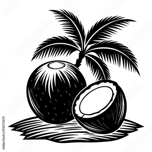 A realistic image of tropical coconuts on a beach. Two coconuts are halved, revealing the white flesh inside, while one whole coconut with a rough brown shell is in the background. They are lying on l