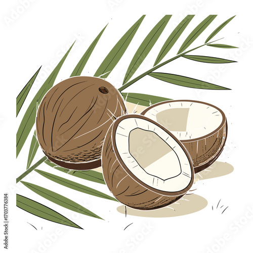 A realistic image of tropical coconuts on a beach. Two coconuts are halved, revealing the white flesh inside, while one whole coconut with a rough brown shell is in the background. They are lying on l