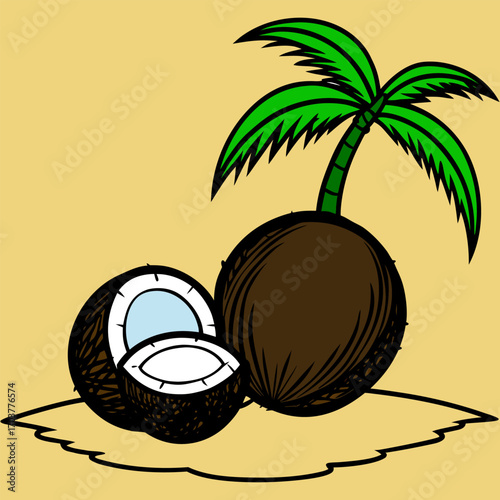 A realistic image of tropical coconuts on a beach. Two coconuts are halved, revealing the white flesh inside, while one whole coconut with a rough brown shell is in the background. They are lying on l