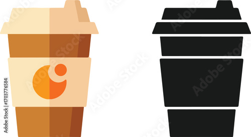 Two vector icons representing coffee cups; one is a colorful illustration with a sleeve and logo, the other is a black silhouette, perfect for graphic design and branding projects