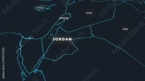 3D world digital glowing map animation of Jordan.