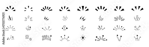Doodle explosion. Comic burst manga elements. Radial line rays, hand drawn shine, idea, surprise and exclamation symbol. Explosion frames, retro cartoon outline vector set.