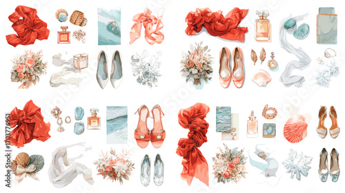 Collection of wedding accessories including shoes, perfume, rings, flowers, and ribbons, designed in elegant watercolor style for bridal fashion and decoration projects.
