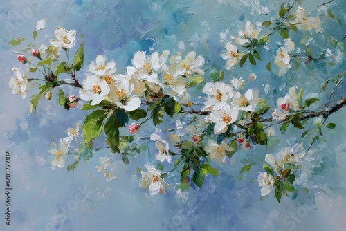 Artistic Painting of a Blooming Apple Tree Branch.
