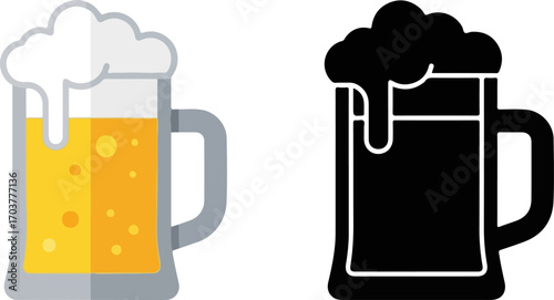Two detailed vector icons of beer mugs, one colored with yellow liquid and white foam, the other a black silhouette, perfect for beverage or pub-related designs