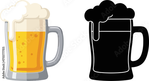 Two Icons of Beer Mug with Foam, One Colored and One Silhouette, Perfect for Beverage and Pub-Related Designs, Vector Illustration