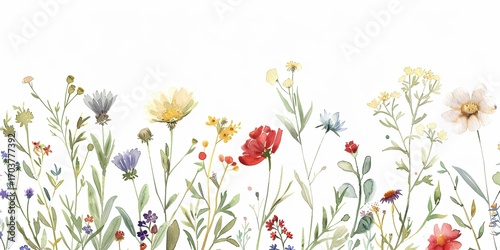 Watercolor painting of a vibrant wildflower meadow, showcasing a diverse array of blossoms and foliage against a stark white backdrop