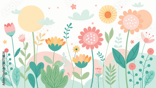 A delightful garden scene with pastel flowers, a radiant sun, and soft clouds, creating a serene and enchanting atmosphere for childrens illustrations