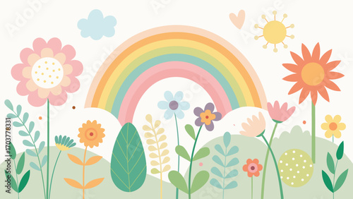 A cheerful garden scene with vibrant flowers, a colorful rainbow, and a radiant sun, creating a whimsical and joyful atmosphere for childrens illustrations