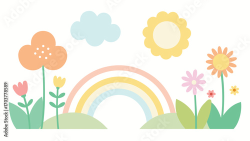 Pastel spring garden with rainbow, flowers, sun, and cloud isolated on white background a whimsical and cheerful illustration for kids and nursery decor