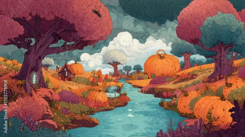 Autumnal Pumpkin Patch Landscape with River and Colorful Trees.