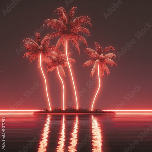 Neon-lit palm trees on a small island in calm waters, reflecting in the water's surface with a red-toned color scheme