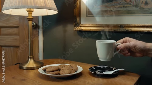 Healthy baked oat biscuits accompanied by freshly brewed hot beverage placed on wooden table