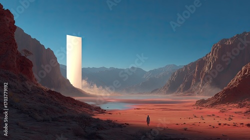 A solitary figure walks a red desert landscape towards a tall, luminous white monolith nestled between rocky mountains under a clear, vibrant sky