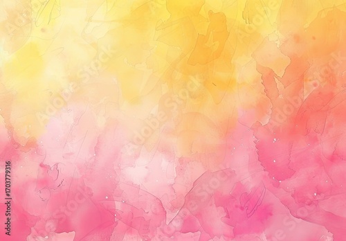 An abstract watercolor painting in shades of pink, yellow, and orange.  The colors blend seamlessly, creating a soft, dreamy effect.  Tiny specks of white add subtle texture