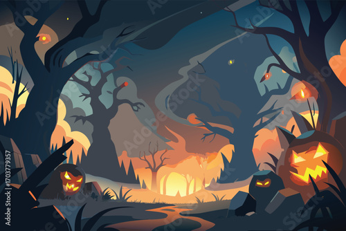 Spooky Halloween nighttime background in the forest with pumpkin lanterns. Vector illustration.