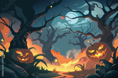 Spooky Halloween nighttime background in the forest with pumpkins and dead trees. Vector illustration.