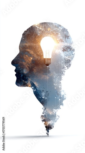 A profile of a human head, formed from a landscape, with a lightbulb in the center representing an idea or inspiration