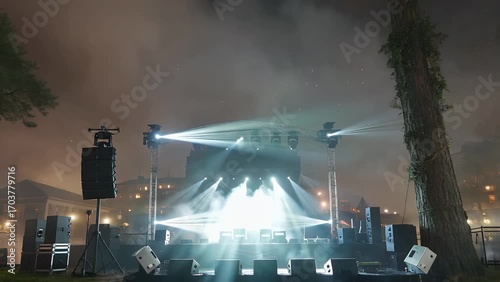 Illumination beams penetrating thick mist during nighttime at musical performance venue