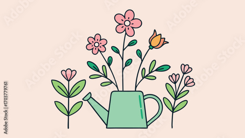A charming watering can filled with flowers isolated on white background, a delightful illustration that brings a touch of natures beauty to any project