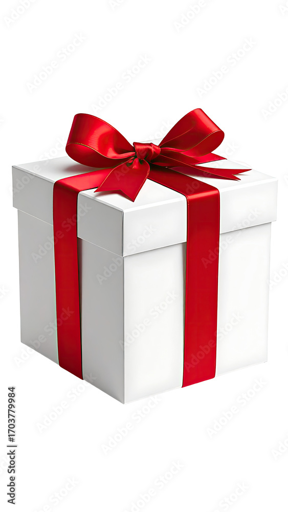 Fototapeta premium A white gift box, meticulously detailed, is adorned with a vibrant red ribbon and bow