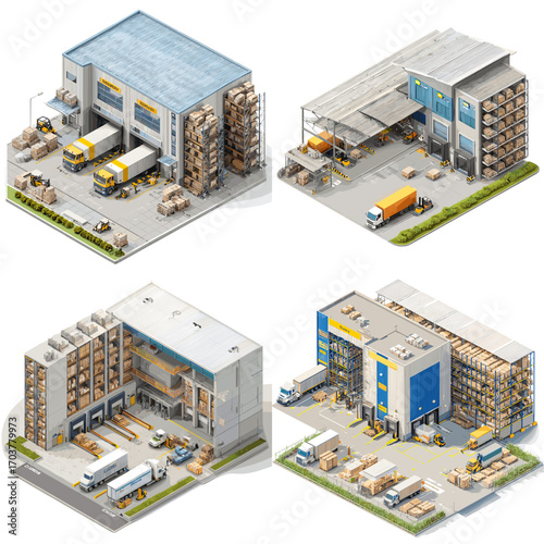 Isometric illustration of modern warehouse logistics centers with trucks, storage racks, and loading docks, ideal for supply chain, shipping, and distribution design.