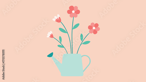 Watering can with flower illustration on a peach background, a charming and whimsical design for spring, gardening, or floral themes