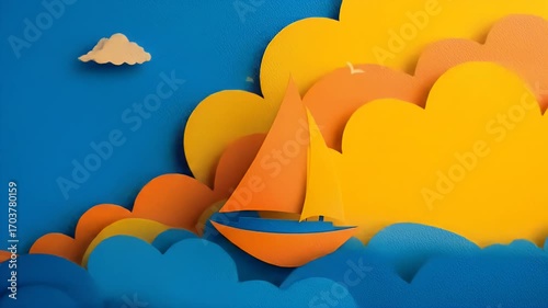 Colorful paper cut-out scene of a sailboat on a blue sea with clouds