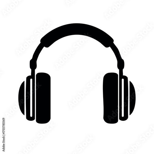 A simple black silhouette illustration of a pair of over-ear headphones, isolated.