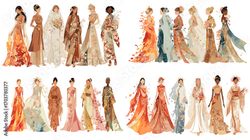 Stylish illustration of diverse women wearing elegant flowing dresses with floral and abstract patterns, suitable for fashion, beauty, lifestyle, or design concepts.