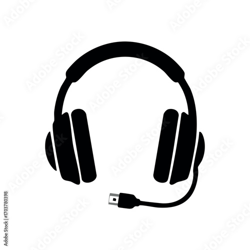 A simple black silhouette of USB wired headphones.