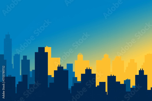 City skyline silhouette with a yellow sunset sky gradient and dark blue buildings in a flat minimalist vector style, modern urban landscape illustration, perfect for backgrounds and design projects