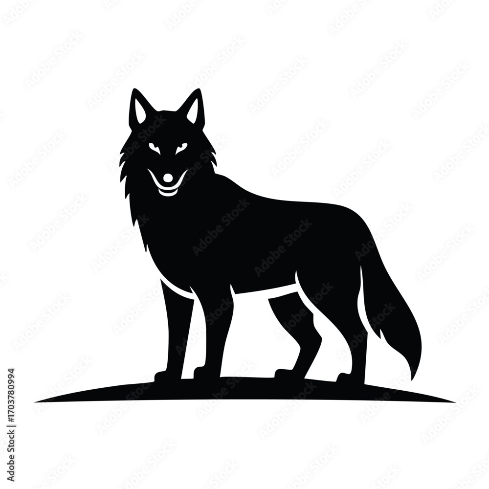Fototapeta premium Silhouette of a wolf standing alert on a small hill, facing forward with a watchful expression.