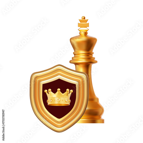 3d golden shield with crown and chess piece king. Chess Strategy for Business Leadership and Team Success Concepts. Stock vector illustration on isolated background.	