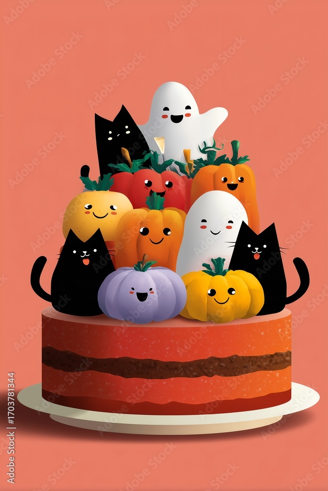 Obraz premium A Halloween cake decorated with colorful, edible pumpkins, friendly ghosts, and black cats, all with a happy, smiling expression