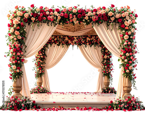 A beautiful Indian wedding mandap decorated with roses and flowers, set against isolated on a transparent background.