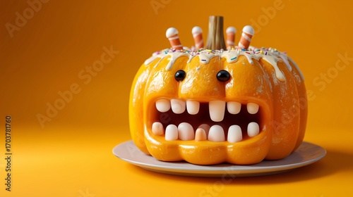 A Halloween cake that looks like a spooky, but cute, pumpkin, with a big, friendly smile and a few candy teeth