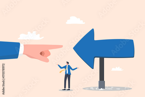 Illustration of a confused person standing between a signpost pointing left and a giant hand pointing right, symbolizing indecision and opposite directions.