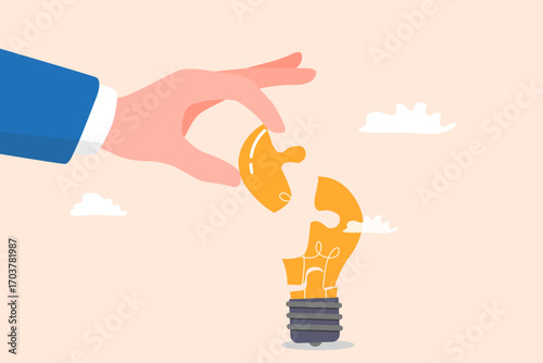 Illustration of a giant hand placing the last puzzle piece to complete a glowing light bulb, symbolizing creativity, innovation, and problem solving.