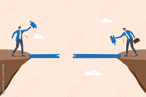 Illustration of two people standing on separate cliffs, each holding puzzle pieces that connect to form a bridge, symbolizing teamwork, collaboration, and problem solving.