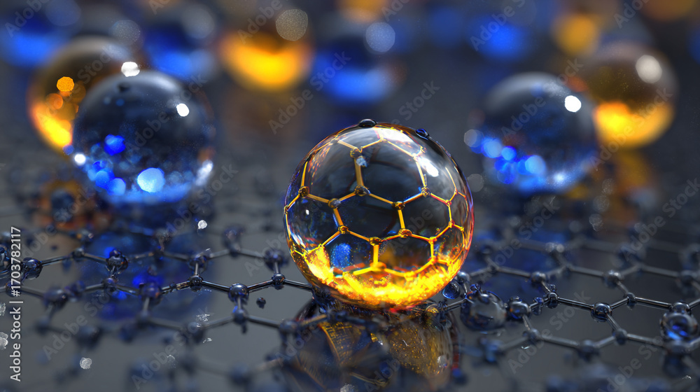 Naklejka premium A glowing sphere rests on a graphene sheet surrounded by other spheres in blue and orange hues