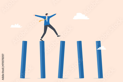 Illustration of a man walking carefully on top of tall stacked pillars, symbolizing risk, balance, and overcoming challenges in business and life.
