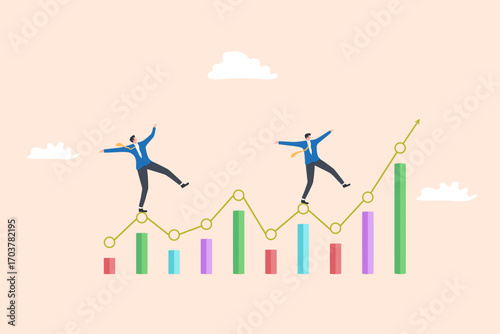 Illustration of several people walking carefully on a fluctuating graph line, symbolizing risk, instability, and navigating challenges in business or finance.