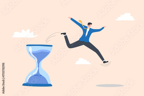 Illustration of a man jumping over a large hourglass, symbolizing time management, urgency, and overcoming deadlines.